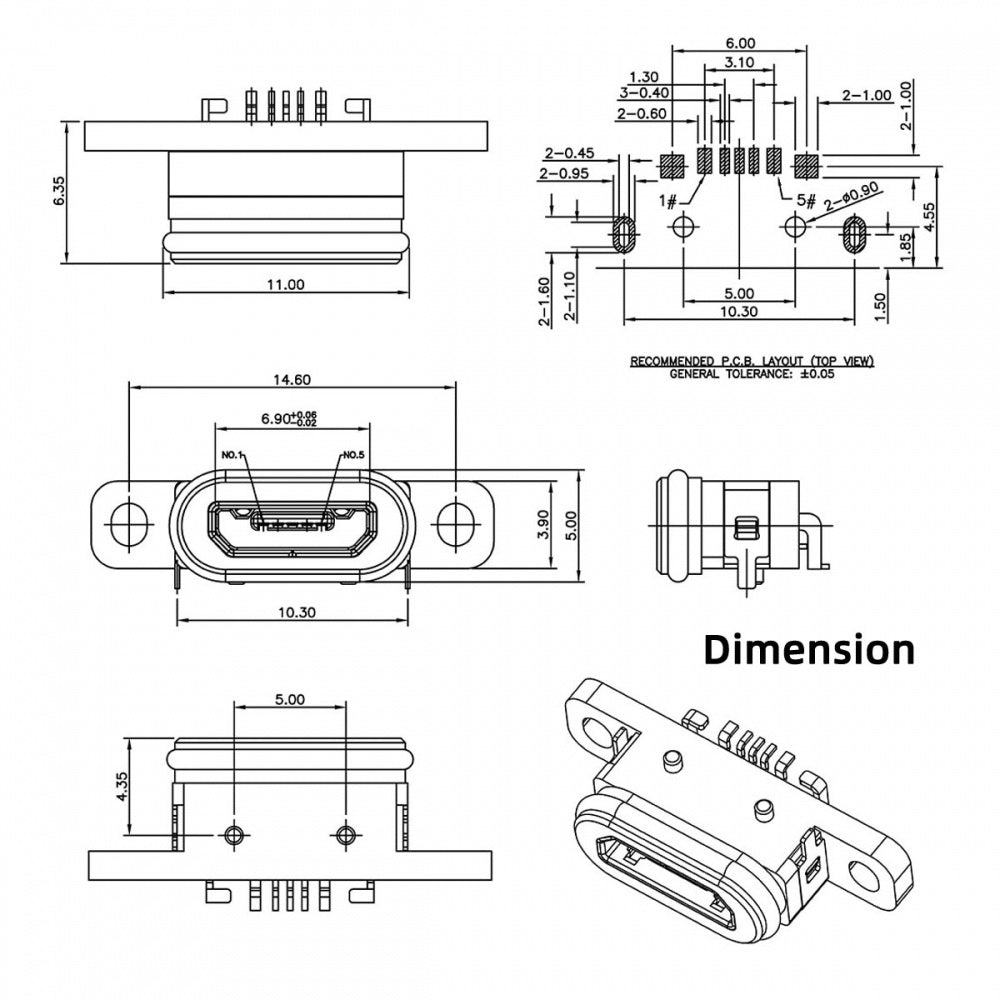 5pcs/set DIY OEM USB2.0 Micro-B Female Receptacle Socket Connector with Mounting Waterproof SMT Type 480Mbps