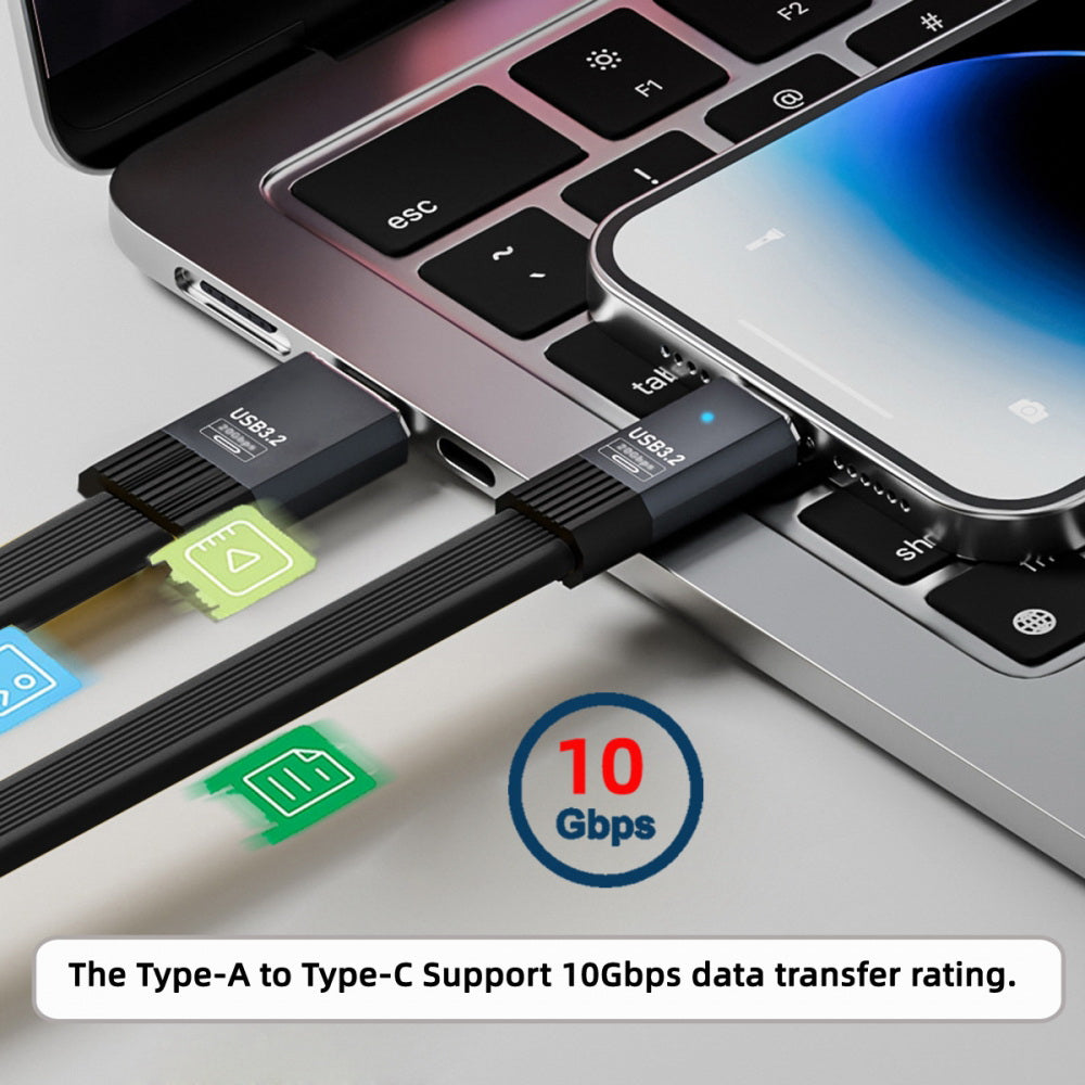USB3.1 Type-A Male to Type-C Male 10Gbps Flat Slim FPC USB-C Data Power Cable 5V3A for Laptop Phone Disk