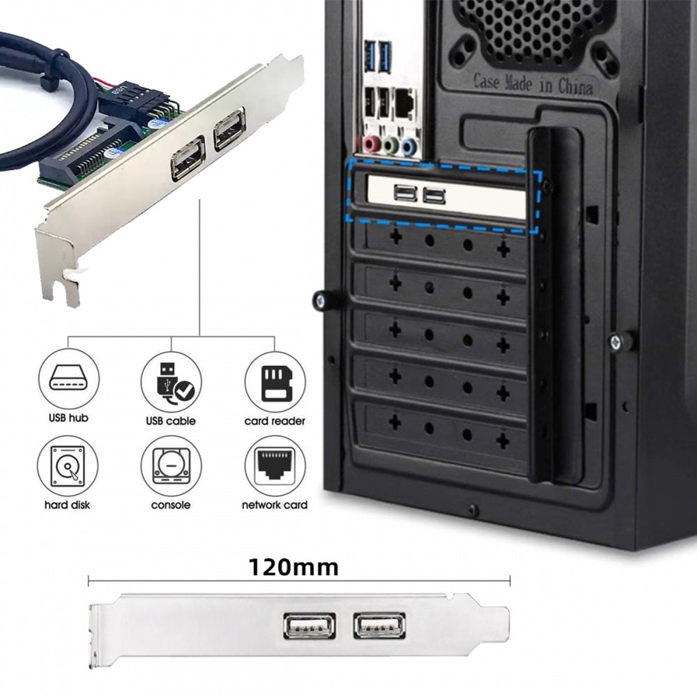 Internal Dual USB2.0 Female Mount Panel to Motherboard 9pin Baffle Cable with Extral SATA Power and 12cm Bracket