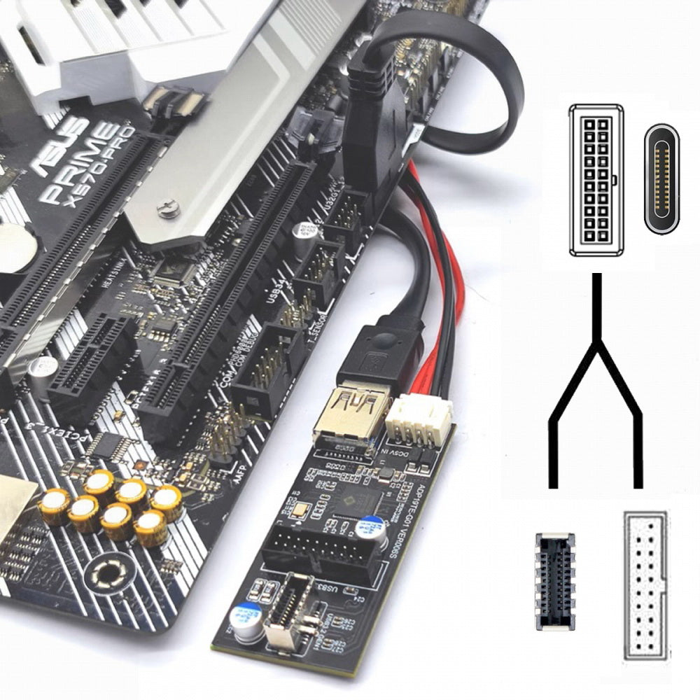 Type-C USB-C & 19/20Pin Header to USB 3.0 20Pin & Type-E Dual Ports Female PCBA Type Adapter Splitter HUB 5Gbps