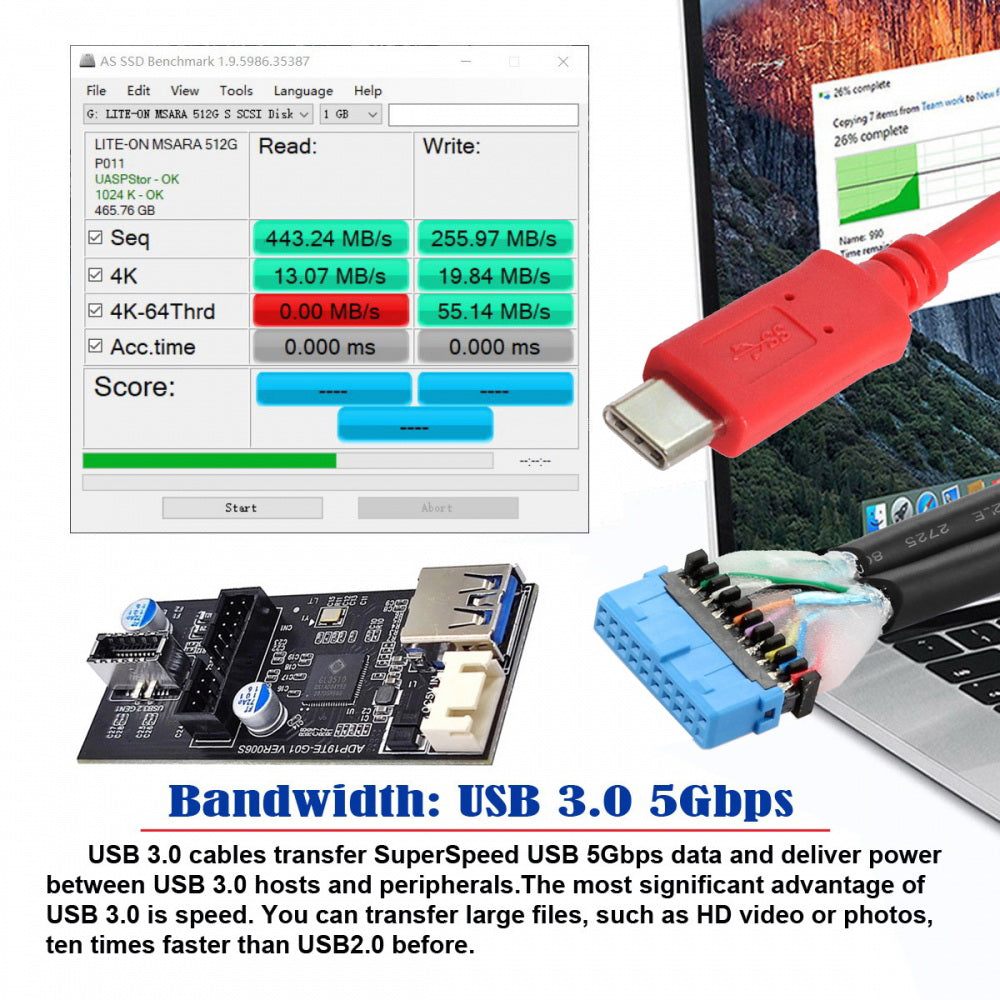 Type-C USB-C & 19/20Pin Header to USB 3.0 20Pin & Type-E Dual Ports Female PCBA Type Adapter Splitter HUB 5Gbps