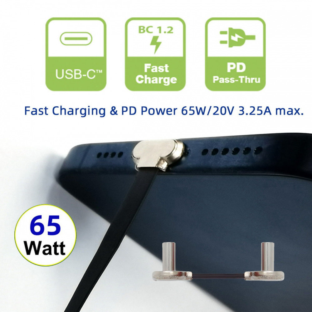 2cm Dual Angled Ultra Slim Flat USB-C Type C to USB-C Power USB2.0 Data Cable 65W Fast Charge for Laptop Tablet Phone