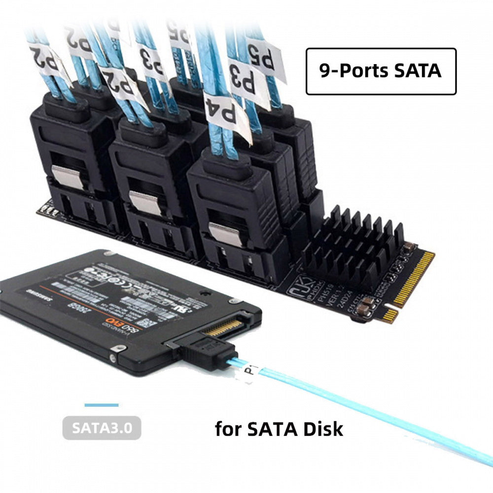 NGFF NVME M-Key PCI Express M.2 to 9 Ports SATA 3.0 6Gbps Adapter Converter Hard Drive Extension Card 2280 for NAS Computer