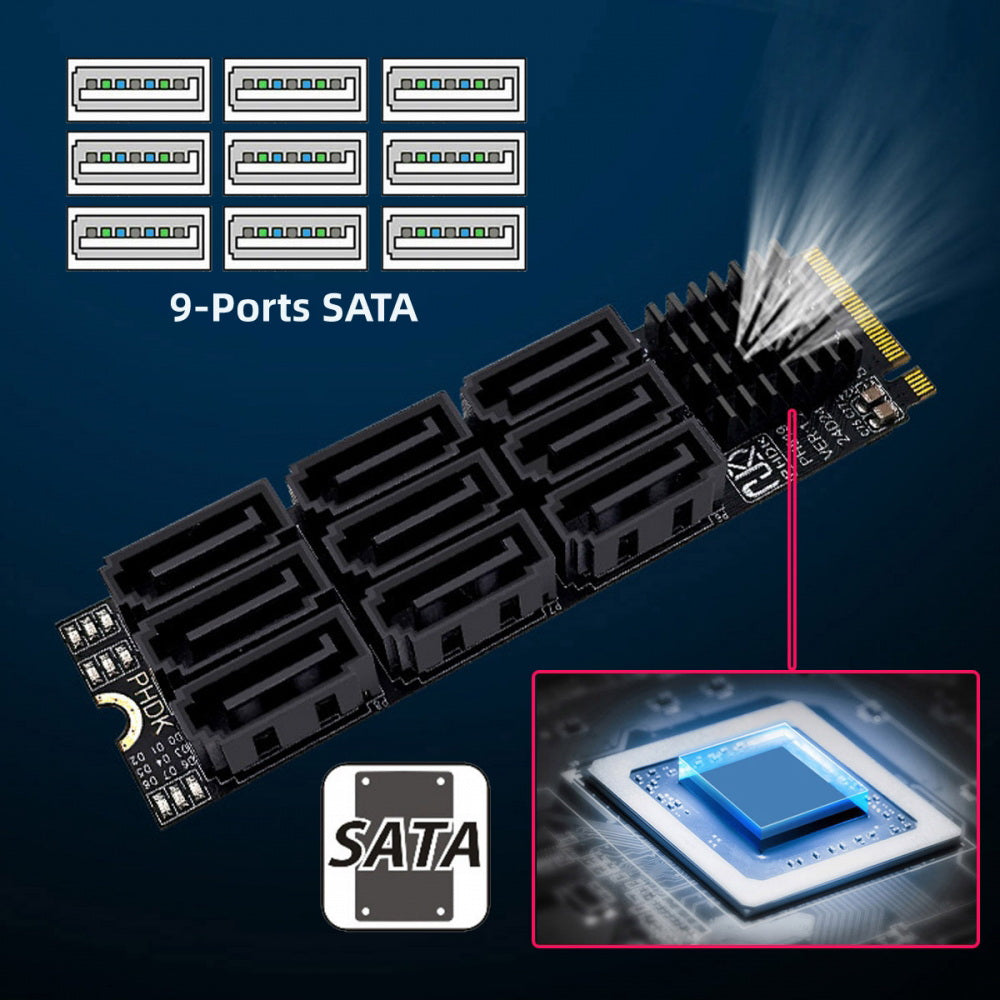 NGFF NVME M-Key PCI Express M.2 to 9 Ports SATA 3.0 6Gbps Adapter Converter Hard Drive Extension Card 2280 for NAS Computer