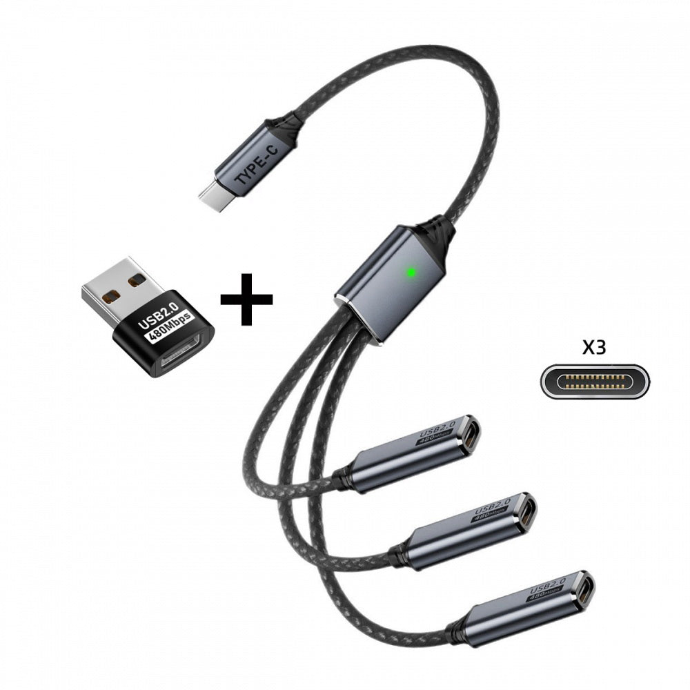 USB 2.0 Type-C USB-C to 3 Ports Hub Cable Bus Power 1 to 3 Data for Laptop Desktop Phone Mouse Keyboard Printer Disk