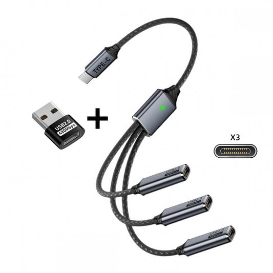 USB 2.0 Type-C USB-C to 3 Ports Hub Cable Bus Power 1 to 3 Data for Laptop Desktop Phone Mouse Keyboard Printer Disk
