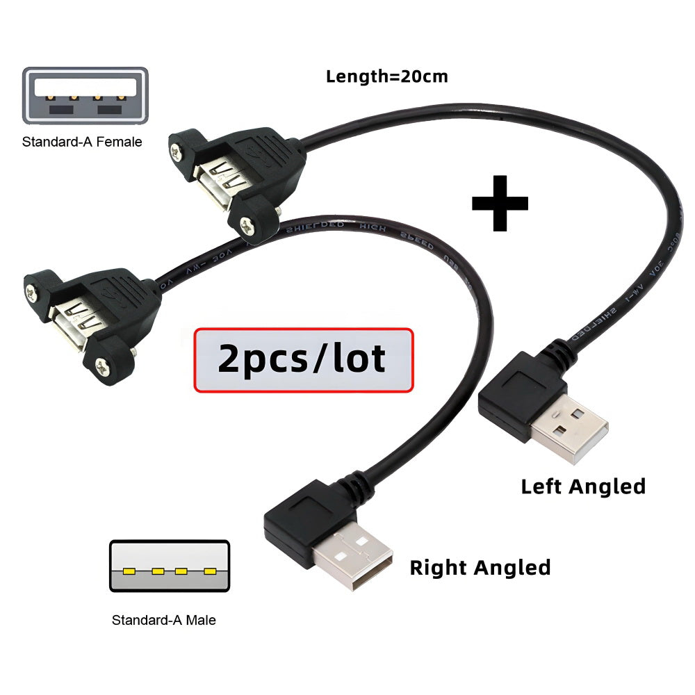 2pcs/lot Left & Right Angled Type USB 2.0 Type-A Male to USB Female Extension Cable Panel Type 90 Degree 25cm