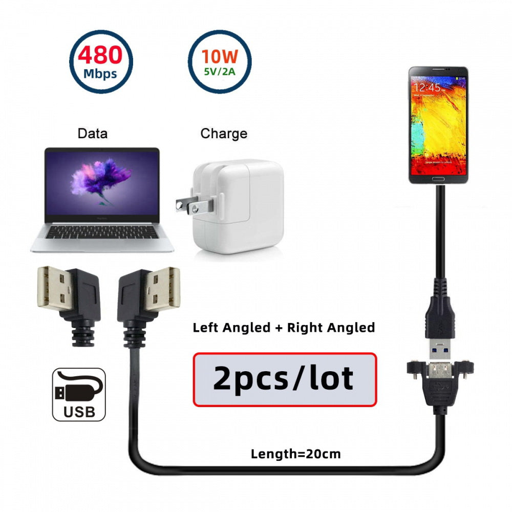 2pcs/lot Left & Right Angled Type USB 2.0 Type-A Male to USB Female Extension Cable Panel Type 90 Degree 25cm