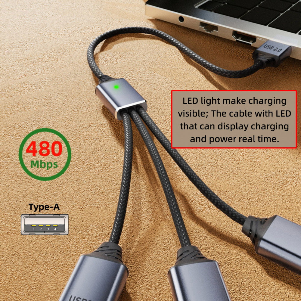USB 2.0 Type-A to 3 Ports Hub Cable Bus Power 1 to 3 Data for Laptop Desktop Phone Mouse Keyboard Printer Disk