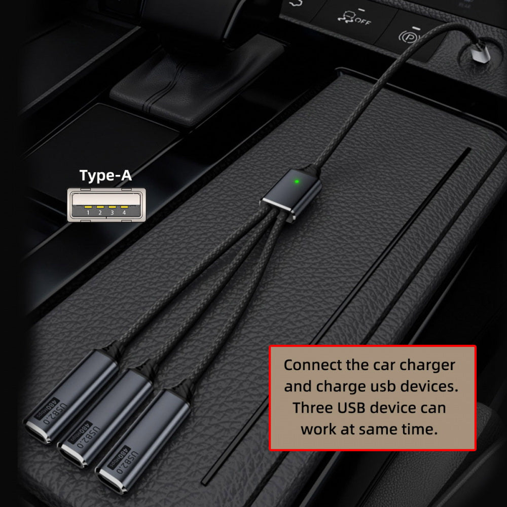 USB 2.0 Type-A to 3 Ports Hub Cable Bus Power 1 to 3 Data for Laptop Desktop Phone Mouse Keyboard Printer Disk