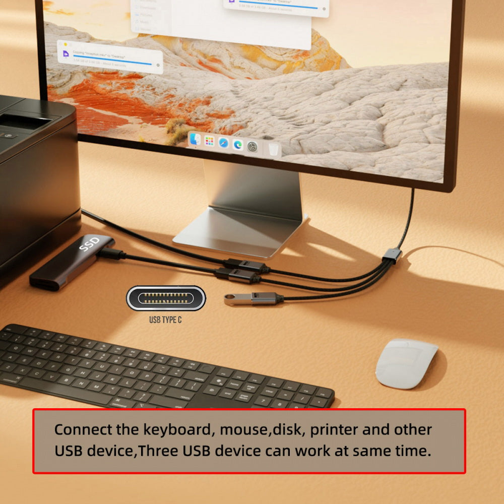 USB 2.0 Type-C USB-C to 3 Ports Hub Cable Bus Power 1 to 3 Data for Laptop Desktop Phone Mouse Keyboard Printer Disk