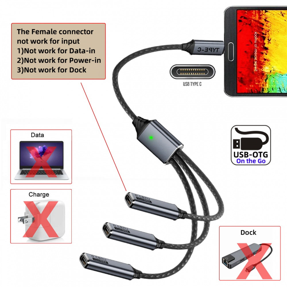 USB 2.0 Type-C USB-C to 3 Ports Hub Cable Bus Power 1 to 3 Data for Laptop Desktop Phone Mouse Keyboard Printer Disk