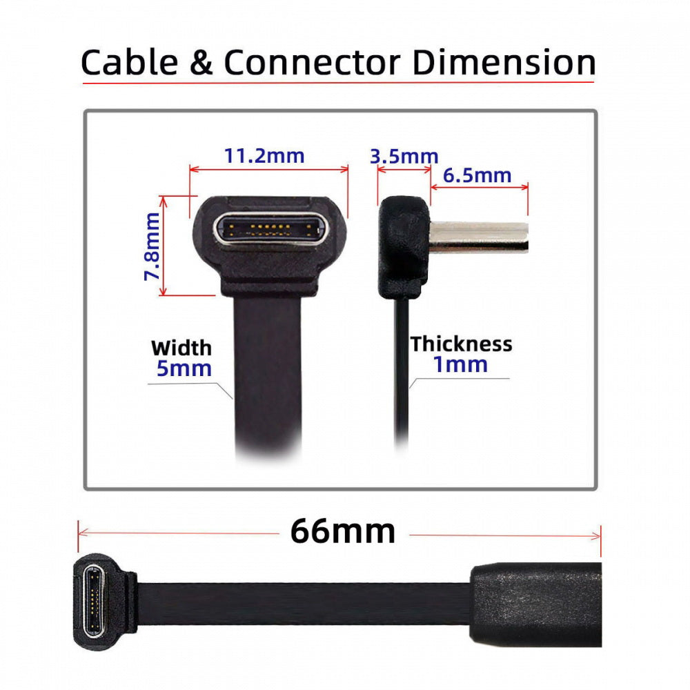 Ultra Slim Flat USB-C Type-C Male to Female Extension Power USB2.0 Data Cable 90 Degree Up Down Angled 65W Fast Charge for Laptop Tablet Phone