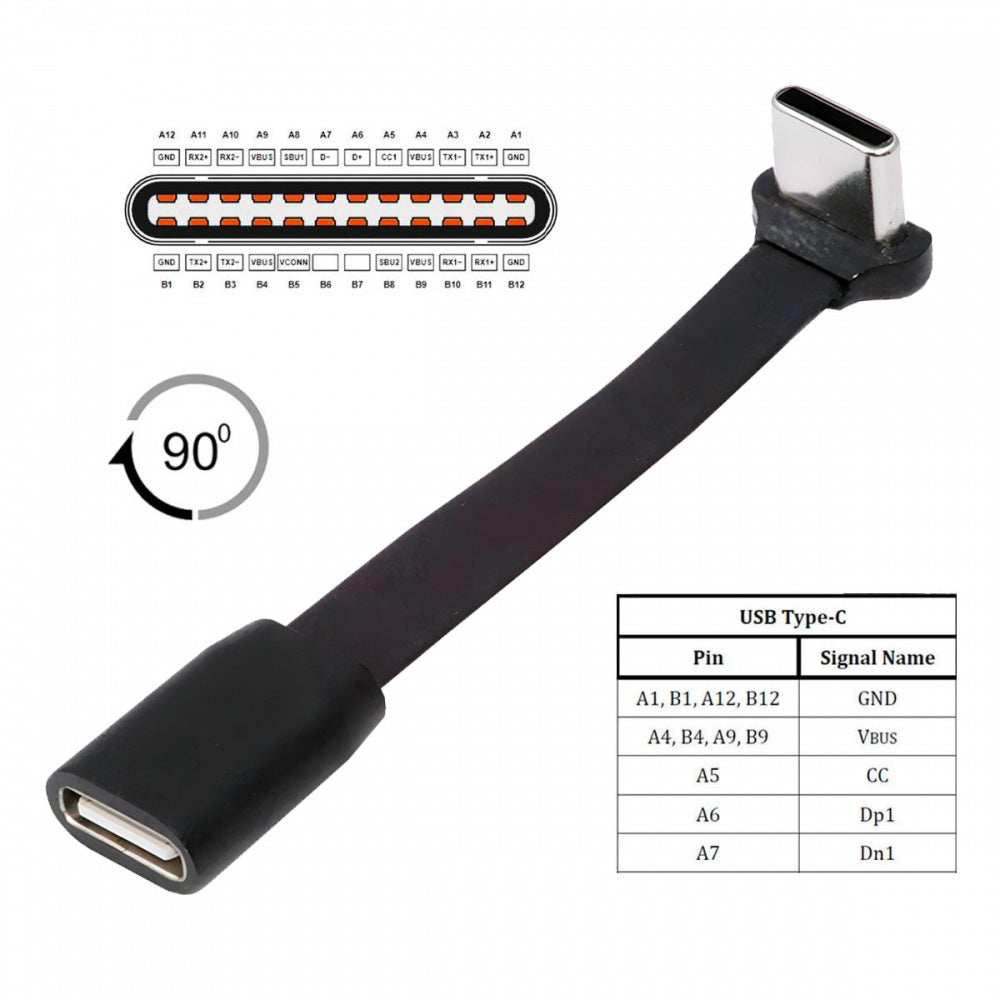 Ultra Slim Flat USB-C Type-C Male to Female Extension Power USB2.0 Data Cable 90 Degree Up Down Angled 65W Fast Charge for Laptop Tablet Phone