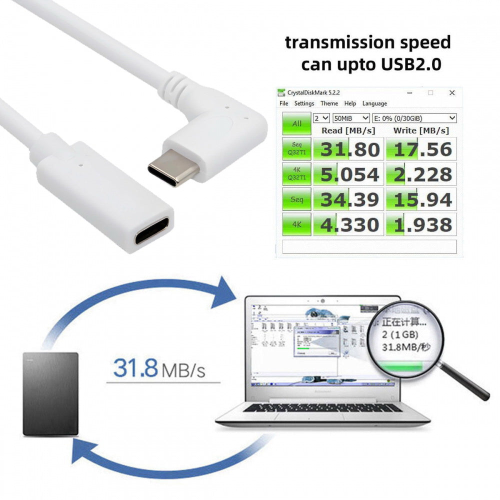 White USB-C Type-C Male to Female Extension Power USB2.0 Data Cable 90 Degree Left Right Angled 65W Fast Charge for Laptop Tablet Phone