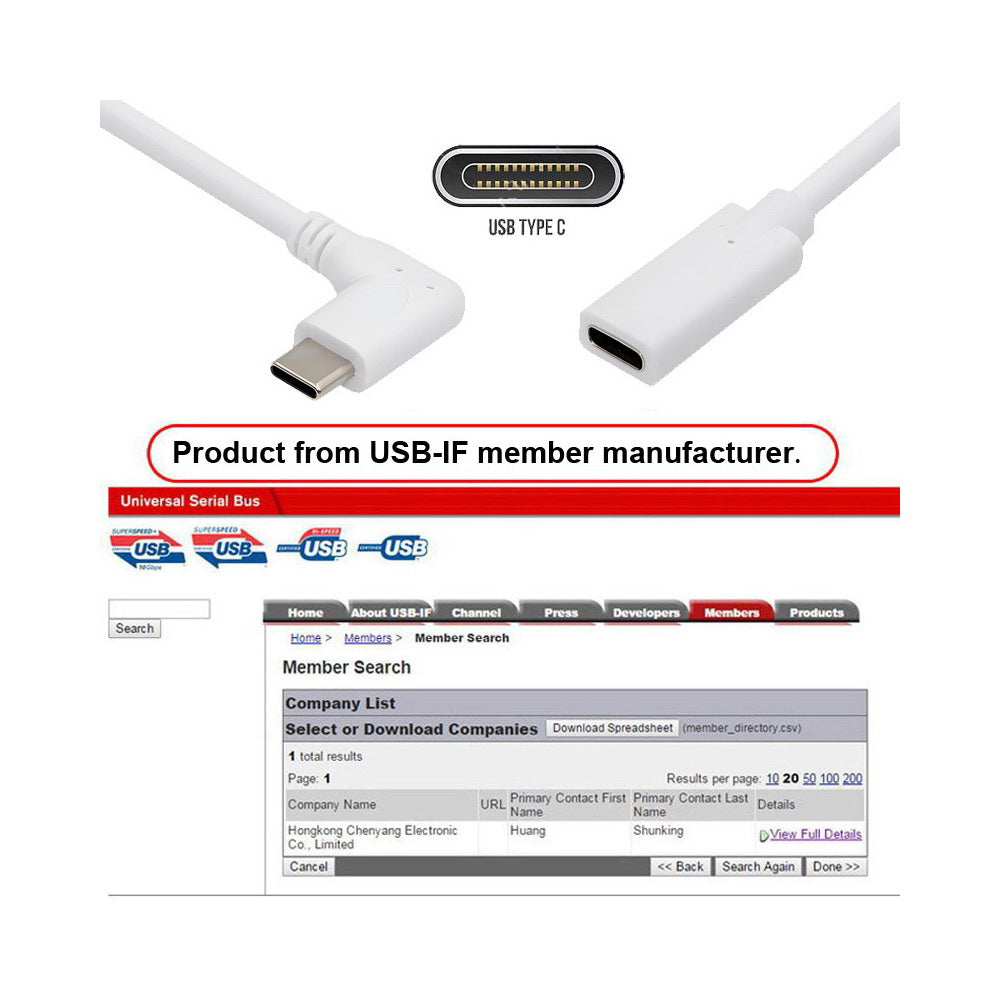 White USB-C Type-C Male to Female Extension Power USB2.0 Data Cable 90 Degree Left Right Angled 65W Fast Charge for Laptop Tablet Phone
