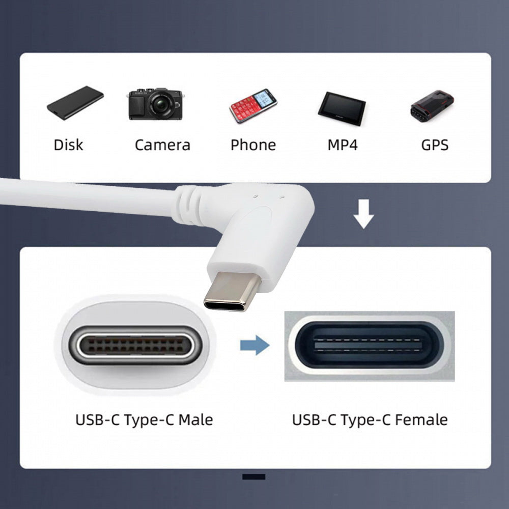 White USB-C Type-C Male to Female Extension Power USB2.0 Data Cable 90 Degree Left Right Angled 65W Fast Charge for Laptop Tablet Phone