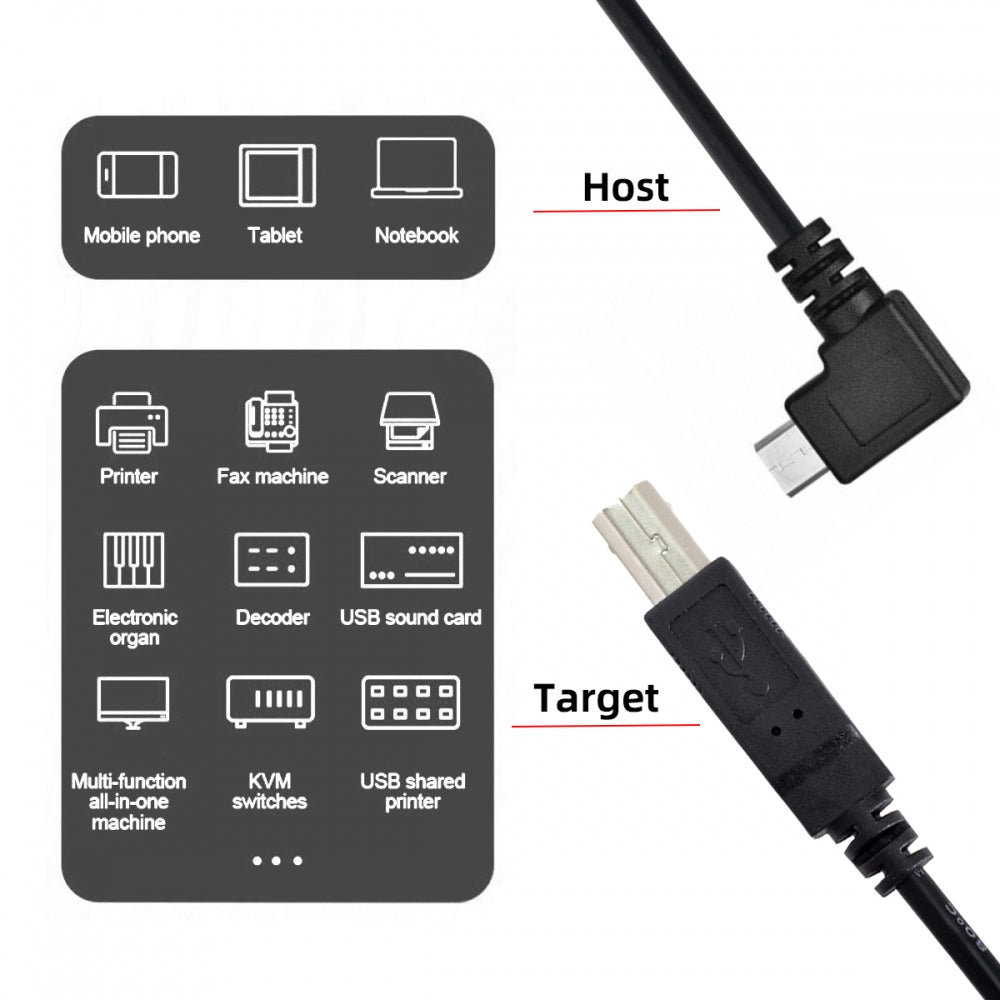 Left Angled 90 Degree Micro USB OTG to Standard B Type Cable for Printer Scanner Disk Lectronic Musical Instrument Midi Keyboard (60cm)