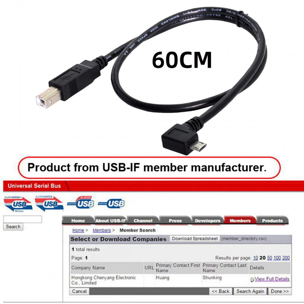 Left Angled 90 Degree Micro USB OTG to Standard B Type Cable for Printer Scanner Disk Lectronic Musical Instrument Midi Keyboard (60cm)