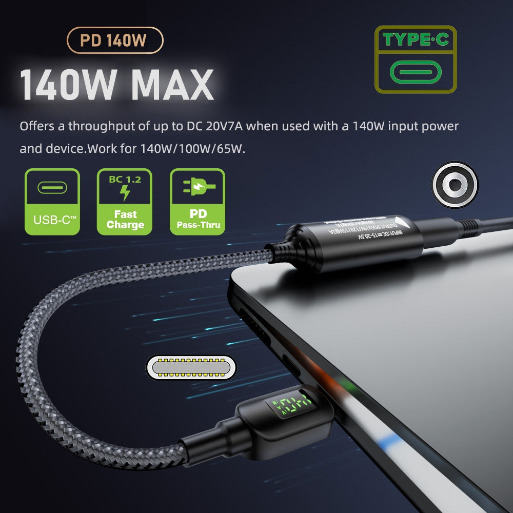 DC Jack 7.9x5.4mm Input to USB-C Type-C Power 140W Smart LED Display Charge Cable for Laptop Phone PD9V/5V/20V/7A