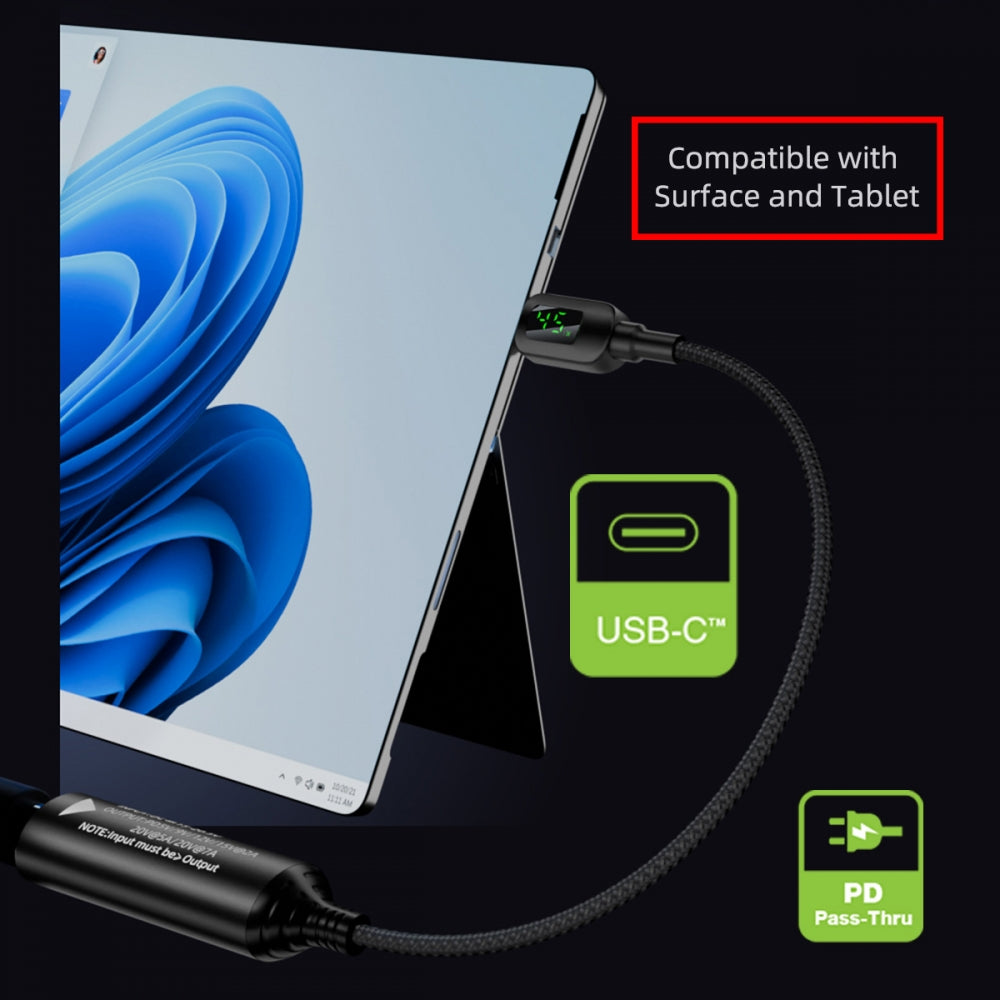DC Jack 7.4x5.0mm Input to USB-C Type-C Power 140W Smart LED Display Charge Cable for Laptop Phone PD9V/5V/20V/7A
