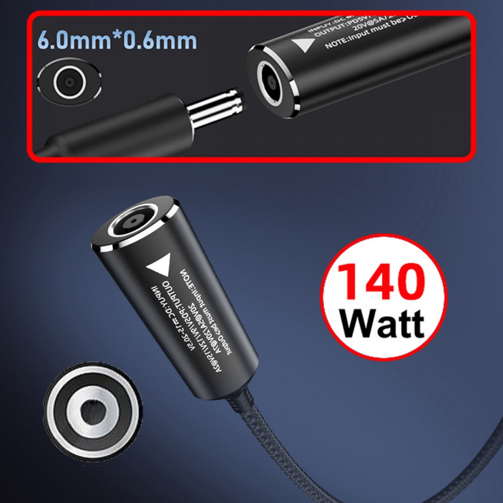 DC Jack 6.0x1.4mm Input to USB-C Type-C Power 140W Smart LED Display Charge Cable for Laptop Phone PD9V/5V/20V/7A