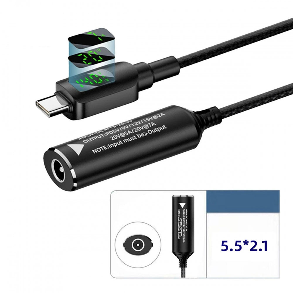 DC Jack 5.5x2.1mm Input to USB-C Type-C Power 140W Smart LED Display Charge Cable for Laptop Phone PD9V/5V/20V/7A
