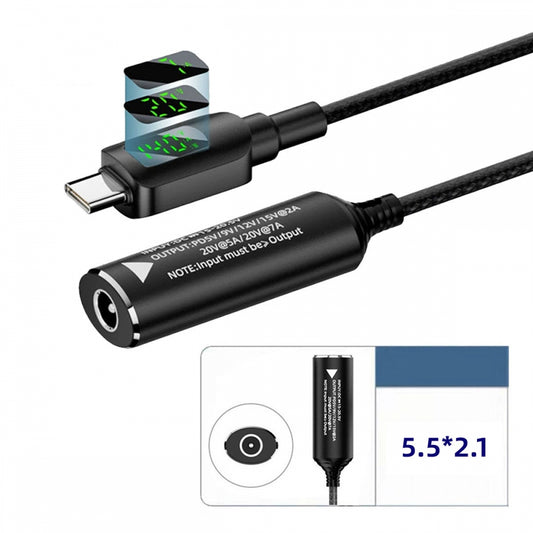 DC Jack 5.5x2.1mm Input to USB-C Type-C Power 140W Smart LED Display Charge Cable for Laptop Phone PD9V/5V/20V/7A