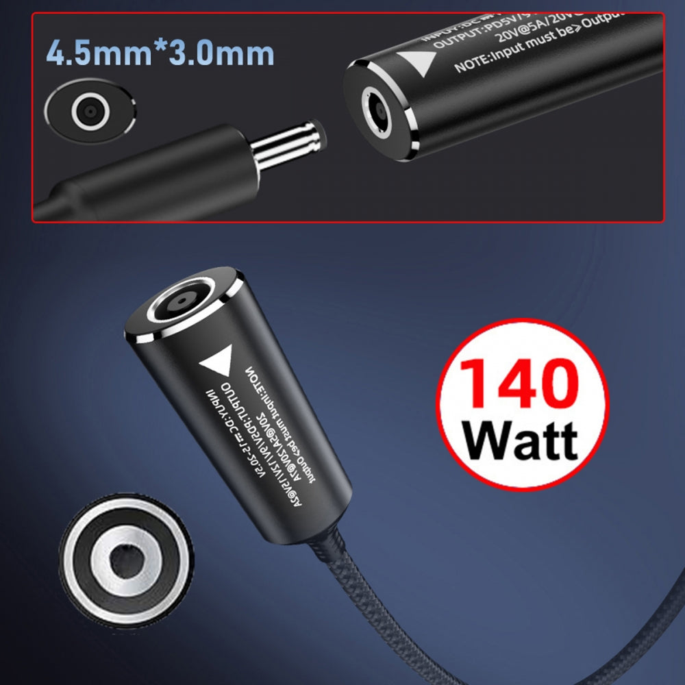 DC Jack 4.5x3.0mm Input to USB-C Type-C Power 140W Smart LED Display Charge Cable for Laptop Phone PD9V/5V/20V/7A
