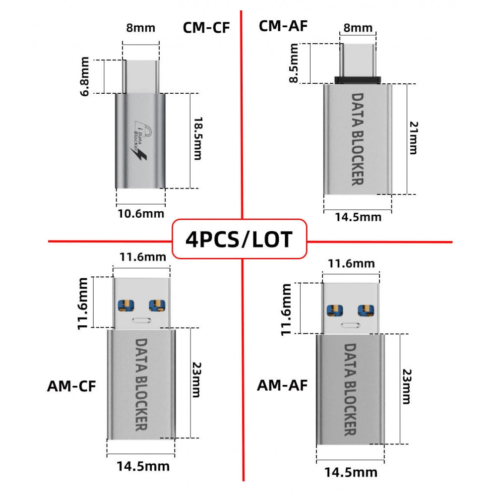 4pcs/lot USB 3.1 Data Blocker Type-A Male Female to USB-C Male Female Elimination Data Protect Against Juice-Jacking Refuse Hacking Adapter Only for Power Charge
