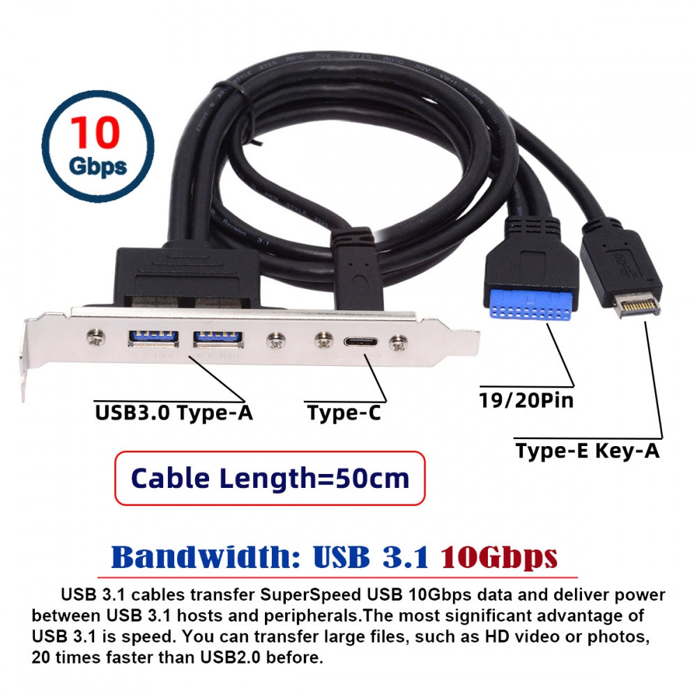 10Gbps USB3.0 Motherboard 19/20Pin & Type-E to USB-C Type-C & USB 3.0 Dual Ports Female PCI-E Back Panel 5Gbps Cable