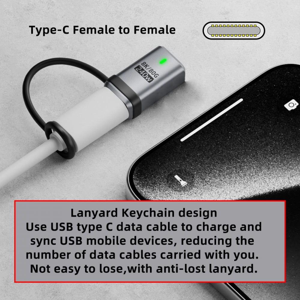 USB5.0 80Gbps Female to Female Extension Adapter with Lanyard Keychain 240W 16K 8K 5K Compatible with USB4.0 Thunderbolt3/4/5