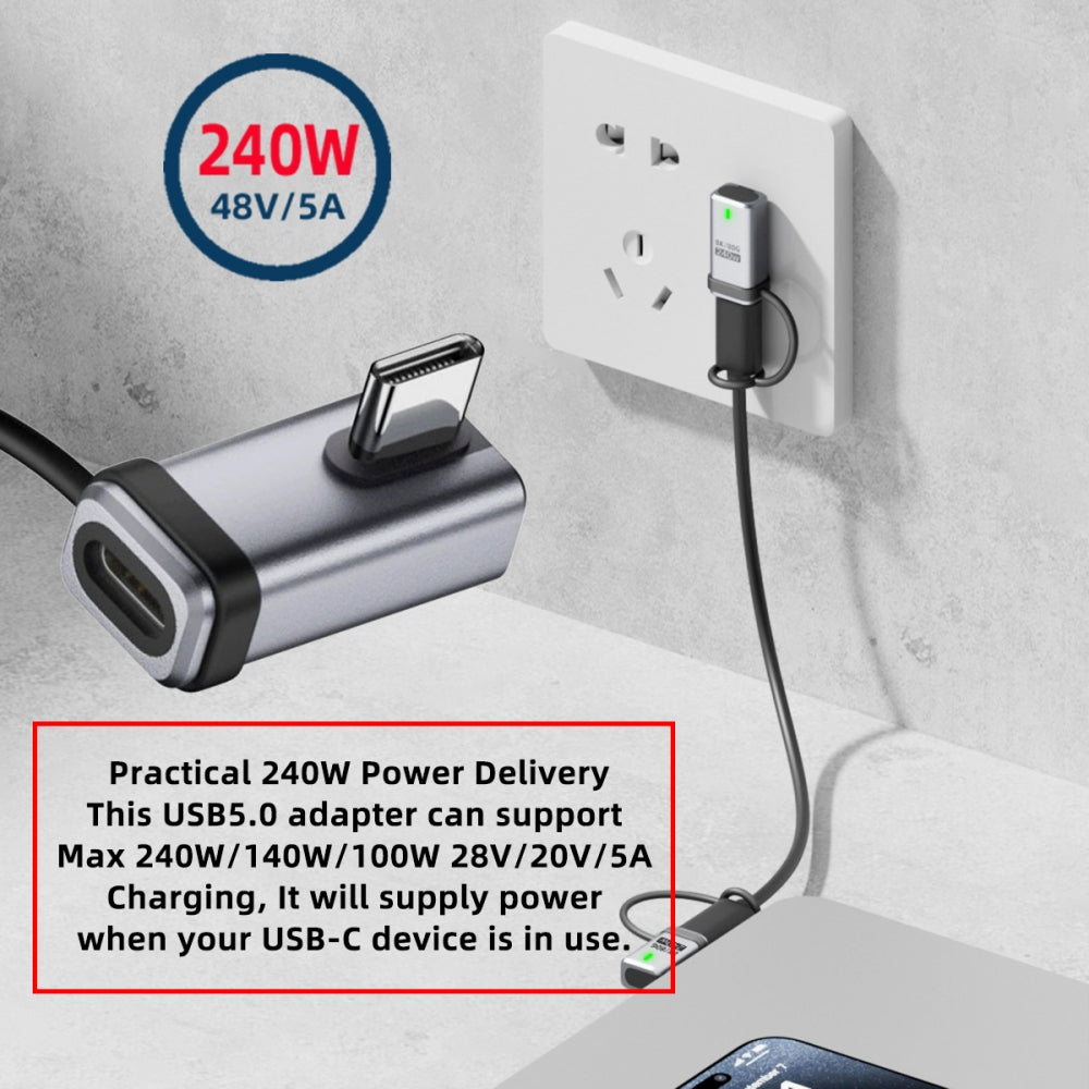 90 Degree USB5.0 80Gbps Male to Female Low Profile Left Right Angled Extension Adapter with Lanyard Keychain 240W 16K 8K 5K Compatible with USB4.0 Thunderbolt3/4/5
