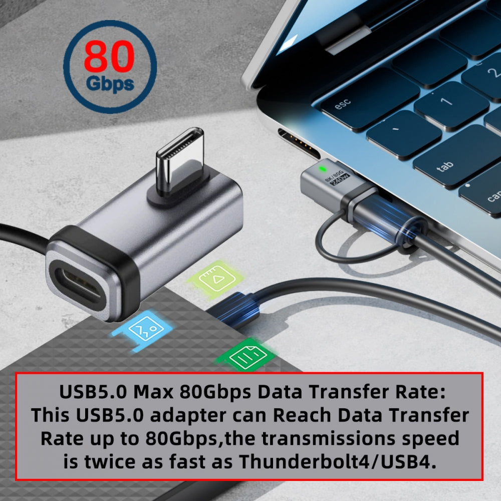 90 Degree USB5.0 80Gbps Male to Female Low Profile Left Right Angled Extension Adapter with Lanyard Keychain 240W 16K 8K 5K Compatible with USB4.0 Thunderbolt3/4/5