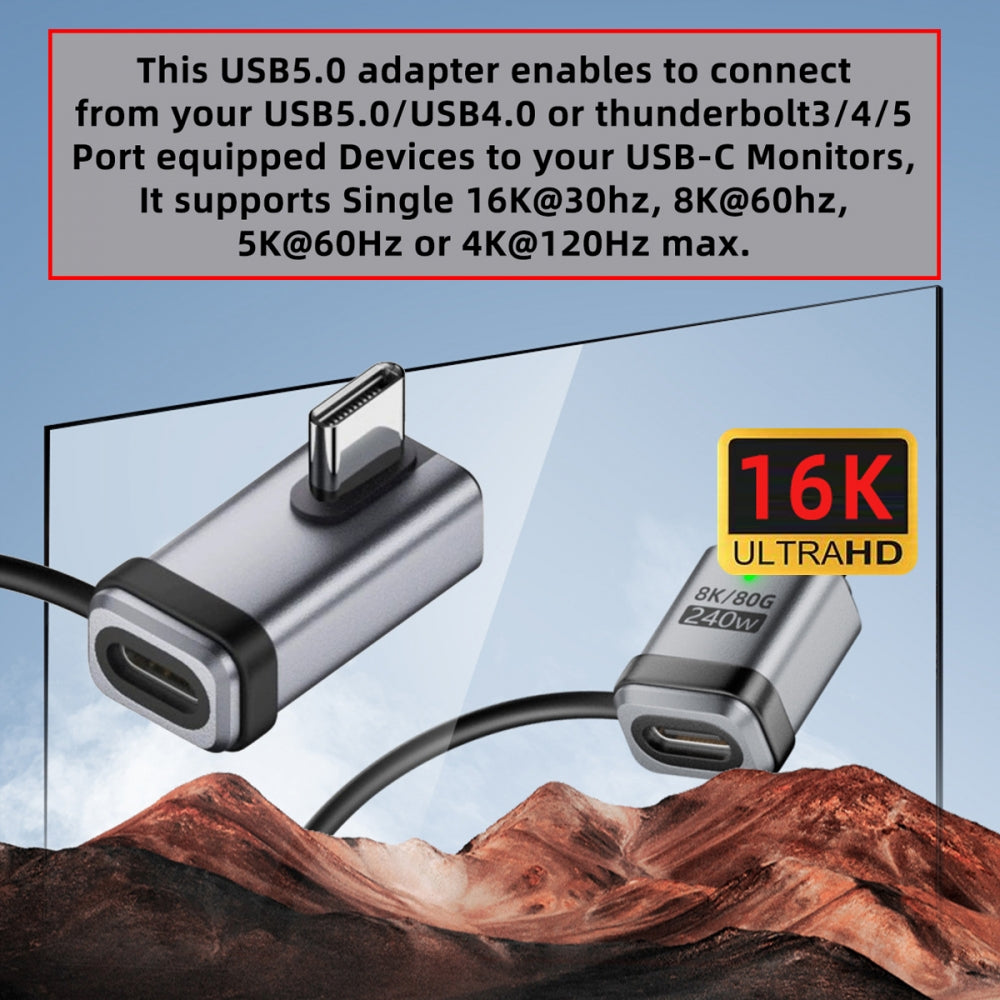 90 Degree USB5.0 80Gbps Male to Female Low Profile Left Right Angled Extension Adapter with Lanyard Keychain 240W 16K 8K 5K Compatible with USB4.0 Thunderbolt3/4/5