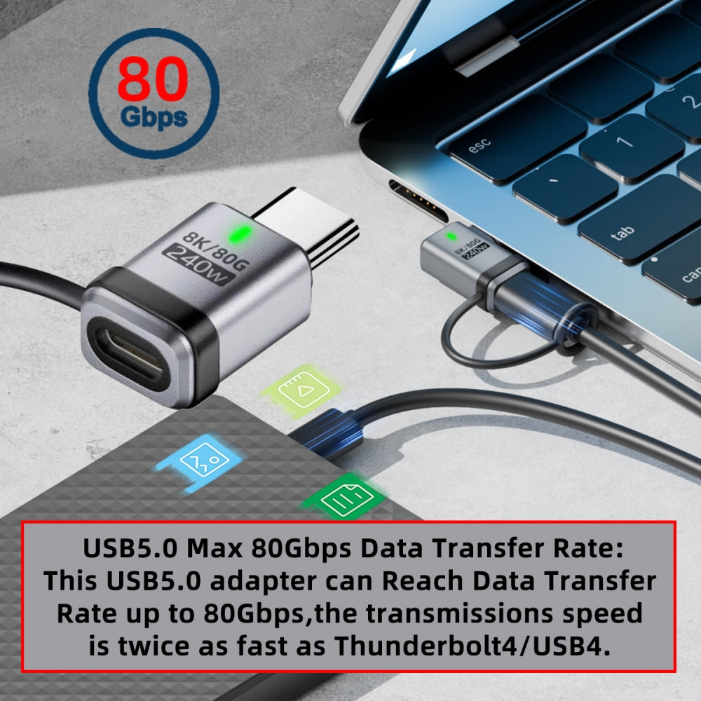 90 Degree USB5.0 80Gbps Male to Female Straight Extension Adapter with Lanyard Keychain 240W 16K 8K 5K Compatible with USB4.0 Thunderbolt3/4/5