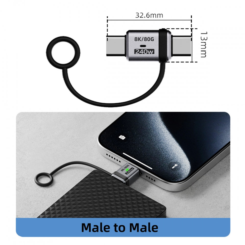90 Degree USB5.0 80Gbps Male to Male Straight Extension Adapter with Lanyard Keychain 240W 16K 8K 5K Compatible with USB4.0 Thunderbolt3/4/5