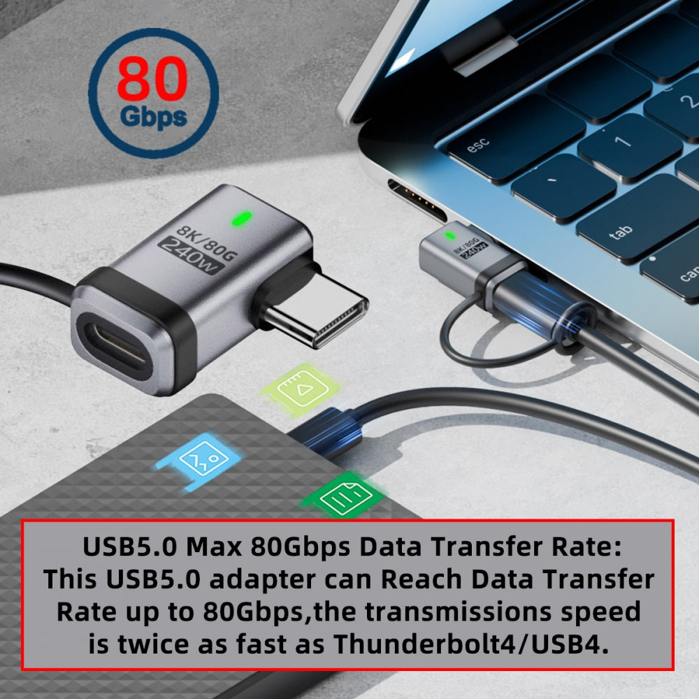 90 Degree USB5.0 80Gbps Male to Female Left Right Angled Extension Adapter with Lanyard Keychain 240W 16K 8K 5K Compatible with USB4.0 Thunderbolt3/4/5