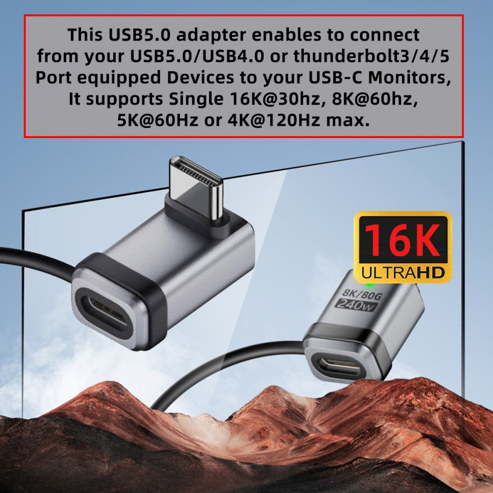 90 Degree USB5.0 80Gbps Male to Female Up Down Angled Extension Adapter with Lanyard Keychain 240W 16K 8K 5K Compatible with USB4.0 Thunderbolt3/4/5
