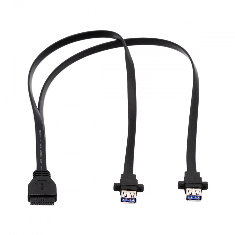 Ultra Flat Slim Dual Port USB 3.0 Female Type-A Panel Type to Motherboard 20Pin 19Pin Header Cable 50cm