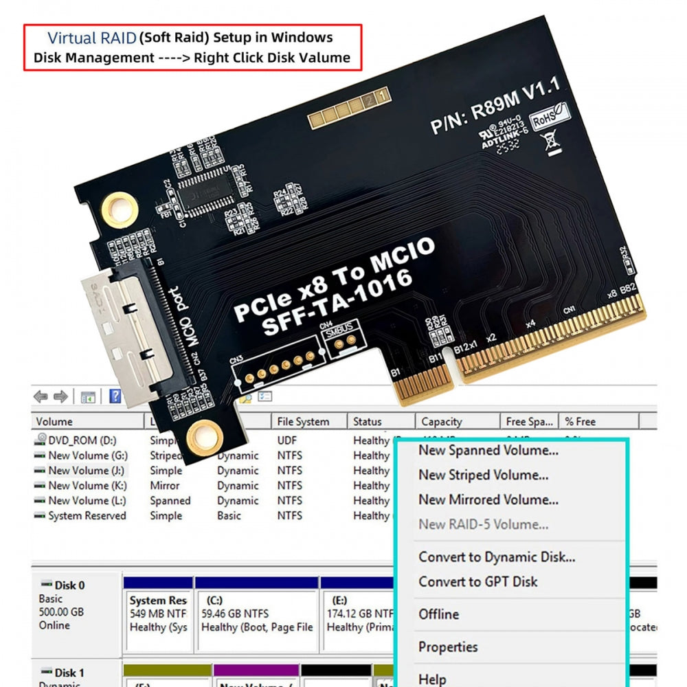 External MCIO 8i Mini Cool Edge IO SFF-TA-1016 to PCIE5.0 PCI-Express 8x VROC Adapter for Mainboard SSD Graphics Card