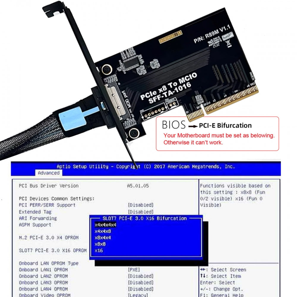 External MCIO 8i Mini Cool Edge IO SFF-TA-1016 to PCIE5.0 PCI-Express 8x VROC Adapter for Mainboard SSD Graphics Card