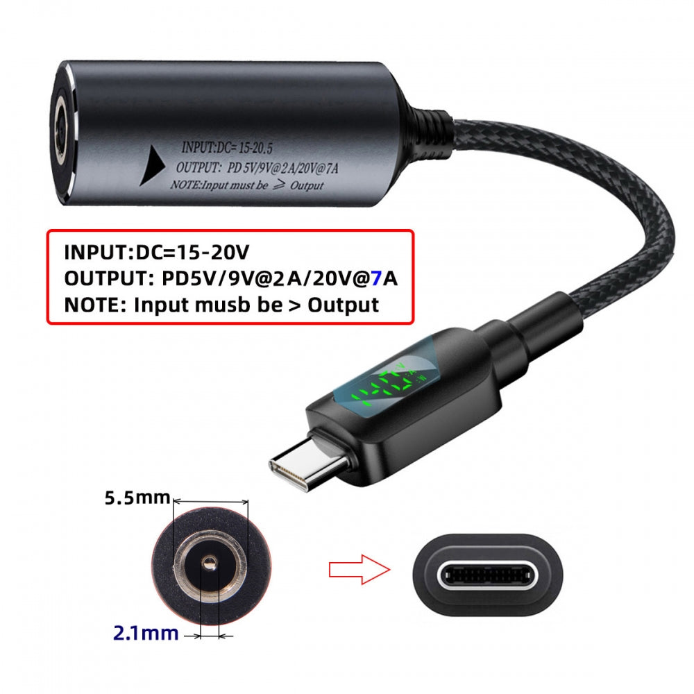 DC Jack 5.5x2.1mm Input to USB-C Type-C Power 140W Smart LED Display Charge Cable for Laptop Phone PD9V/5V/20V/7A