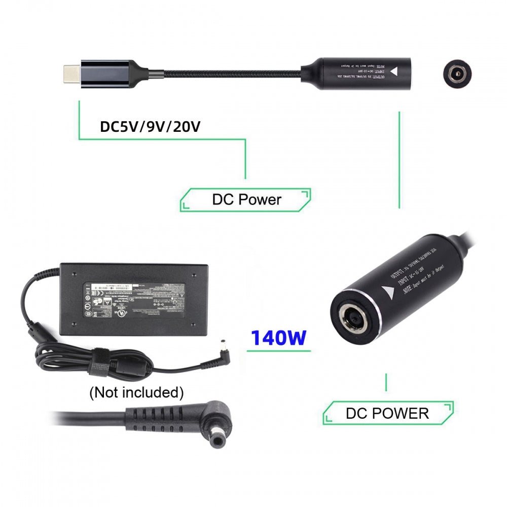 DC Jack 5.5x2.1mm Input to USB-C Type-C Power 140W Smart LED Display Charge Cable for Laptop Phone PD9V/5V/20V/7A
