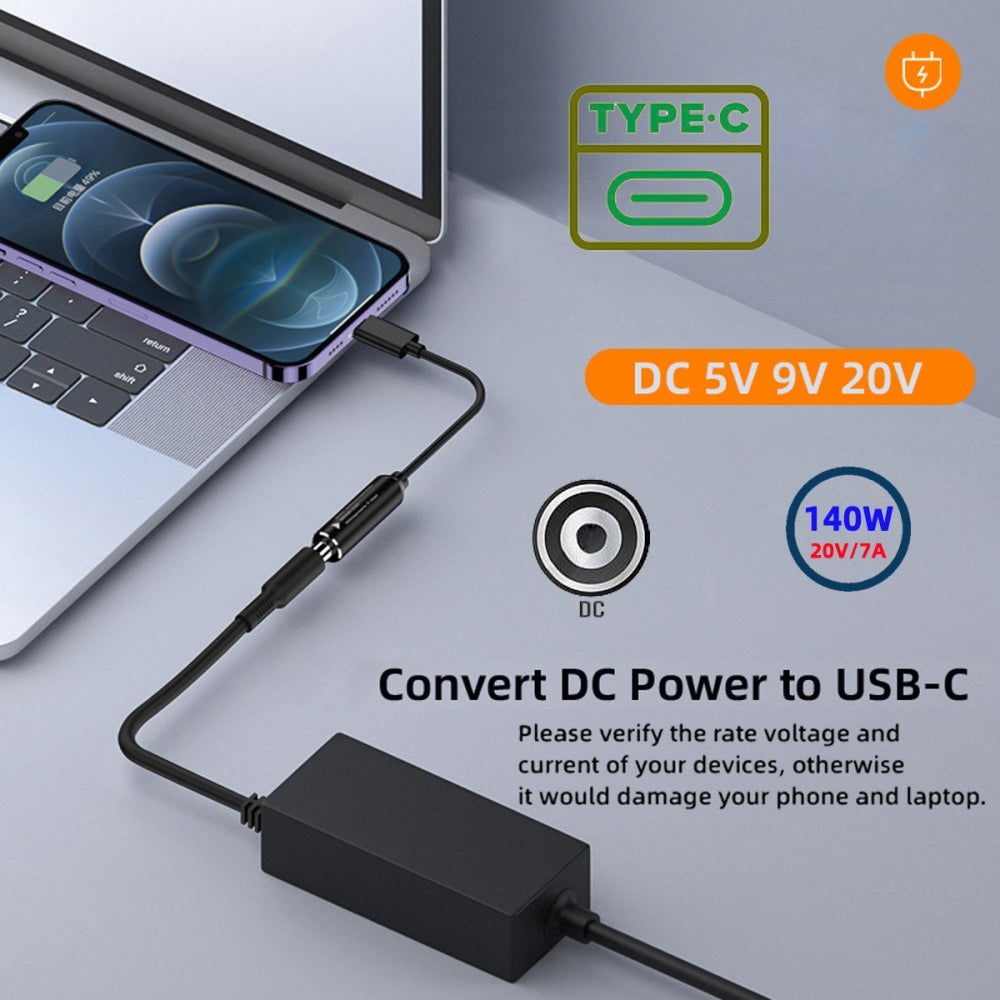 DC Jack 5.5x2.1mm Input to USB-C Type-C Power 140W Smart LED Display Charge Cable for Laptop Phone PD9V/5V/20V/7A
