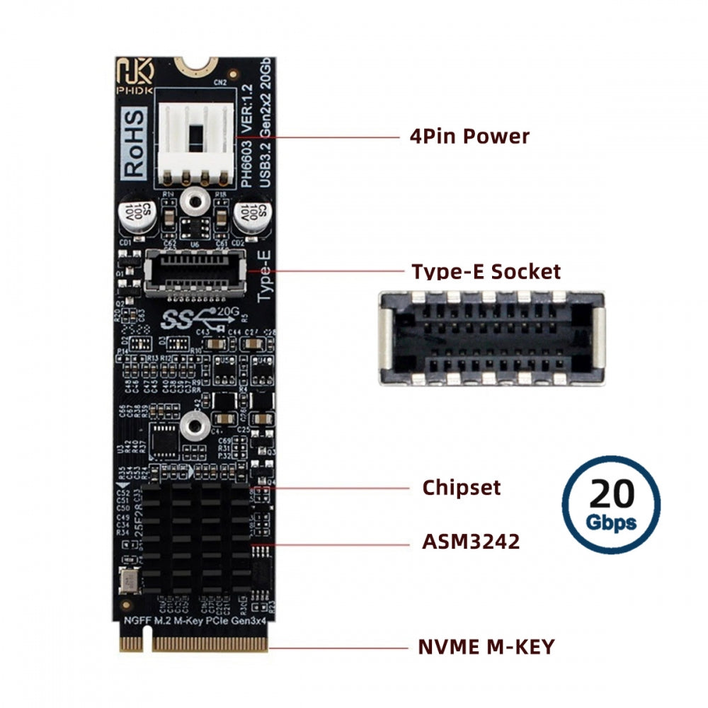 20Gbps Type-E USB 3.1 Front Panel Socket to NVME NGFF M-Key Express Card Adapter ASM3242 Chipset for Motherboard