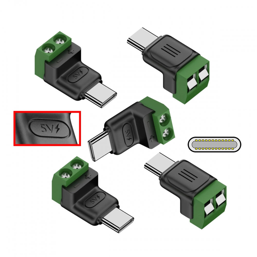 5pcs/set 2Pin Terminal Input to Type-C Male Plug Output Connector DIY OEM Repair Solderless Connector DC 5V Power