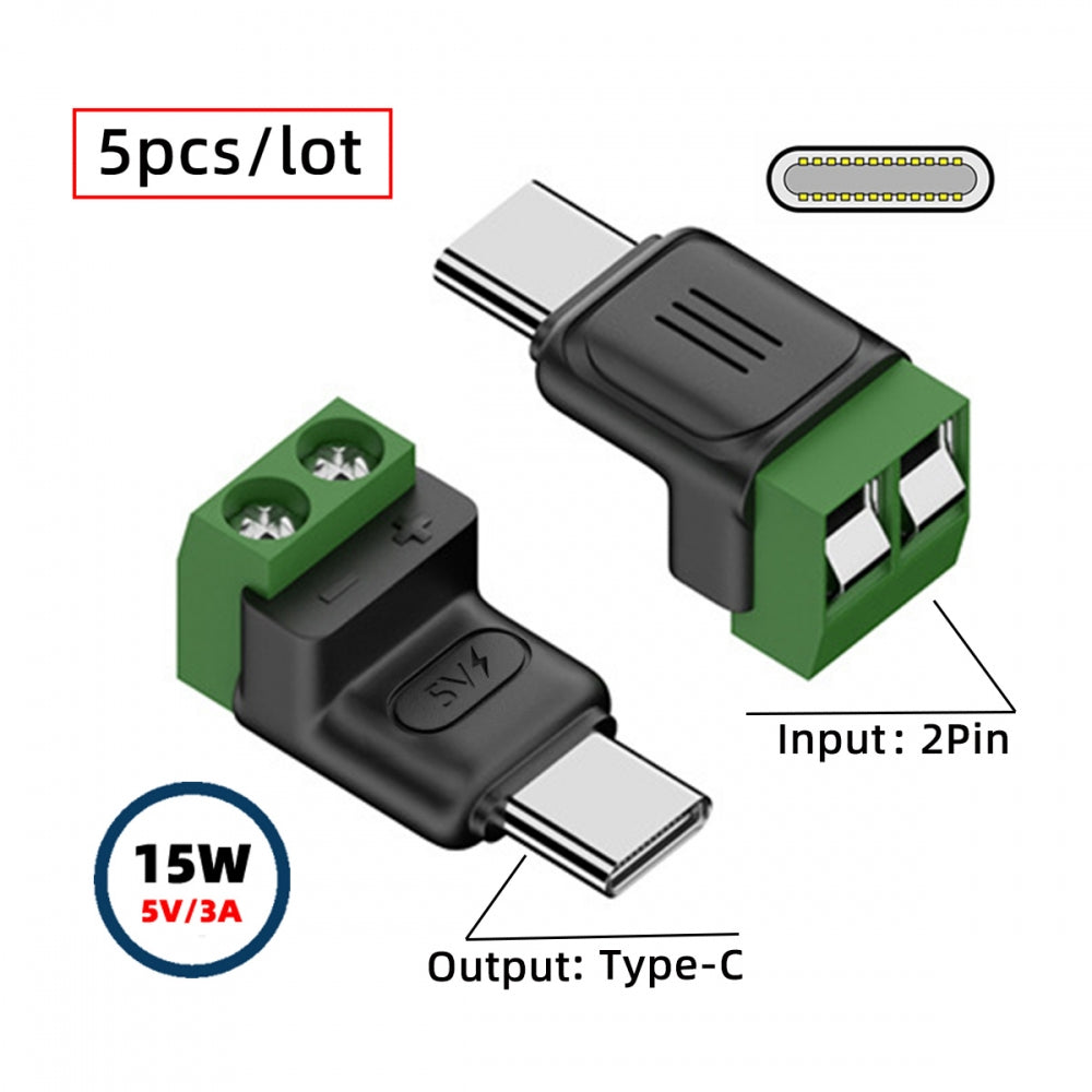 5pcs/set 2Pin Terminal Input to Type-C Male Plug Output Connector DIY OEM Repair Solderless Connector DC 5V Power