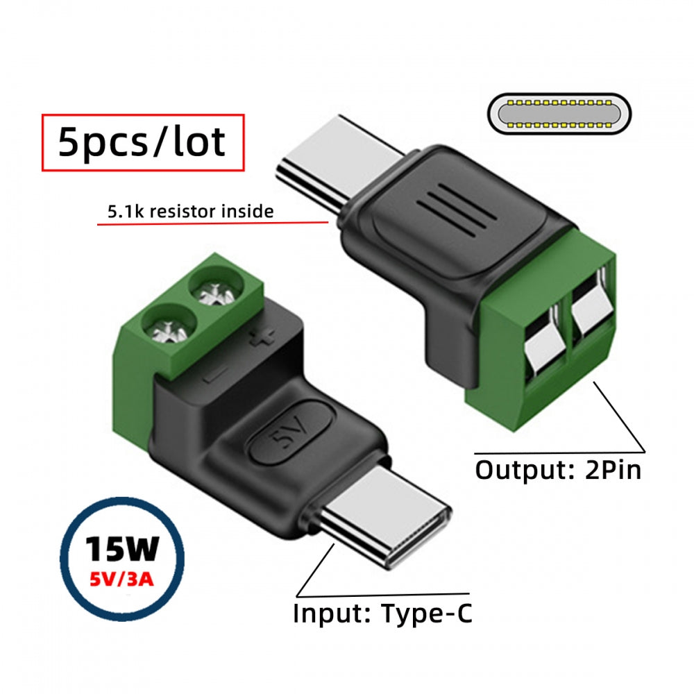 5pcs/set DIY OEM Type-C Male Plug Connector OTG Pinout to 2Pin Terminal Output DIY OEM Repair Solderless Connector DC 5V Power