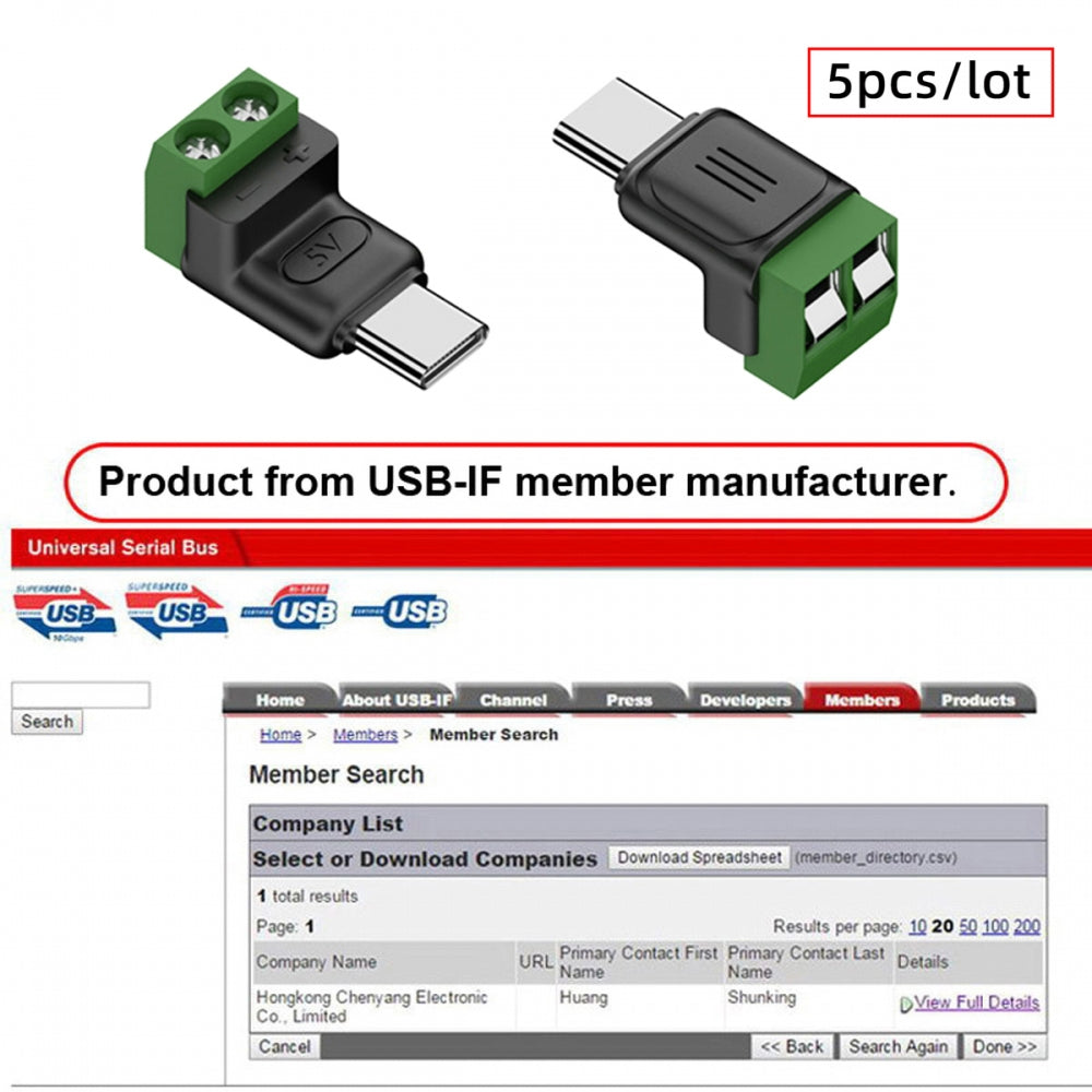 5pcs/set DIY OEM Type-C Male Plug Connector OTG Pinout to 2Pin Terminal Output DIY OEM Repair Solderless Connector DC 5V Power